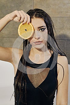 Young woman portrait with dripping smeared makeup