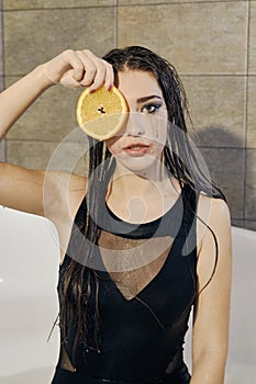 Young woman portrait with dripping smeared makeup