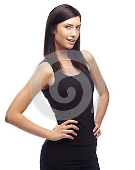 Young woman, portrait and fashion for health or wellness against a white studio background. Face and body of attractive