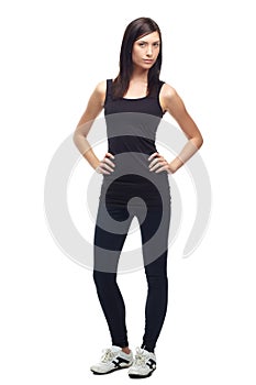 Young woman, portrait and full body in sports fashion, running or fitness against a white studio background. Female