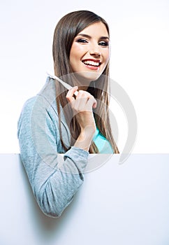 Young woman portrait hold toothy brush