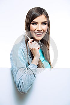 Young woman portrait hold toothy brush.