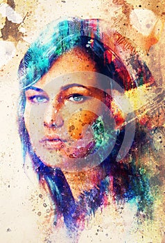 Young woman portrait, with long dark hair and blue eye , color painting and spots structure, Abstract background.