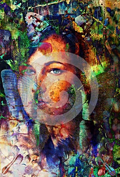 Young woman portrait, with long dark hair and blue eye , color painting and spots structure, Abstract background.