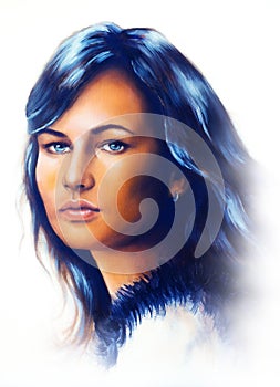 Young woman portrait, with long dark hair and blue eye , color painting, white background.