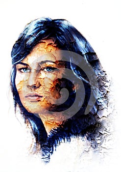 Young woman portrait, with long dark hair and blue eye , color painting, white background, crackle effect.