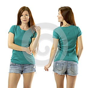 Young woman posing with blank green shirt