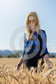 Young woman is posing in corn field. Vertically