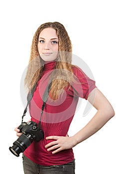 Young woman posing with professional photo camera