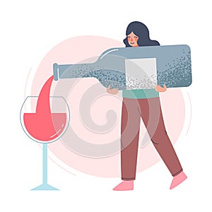 Young Woman Pouring Wine from Huge Bottle Cartoon Style Vector Illustration