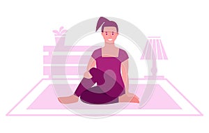 Young woman practices yoga at home. The concept of daily exercise, healthy lifestyle. Vector illustration in flat style