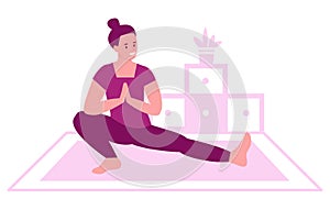 Young woman practices yoga at home. The concept of daily exercise, healthy lifestyle. Vector illustration in flat style.