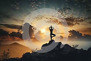 Young woman practices yoga on mountain top at sunset, silhouette