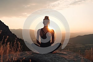 Young woman practices yoga on mountain top at sunset on sky background