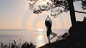 Young woman practicing Vrikshasana tree yoga pose outdoors on the hill near the sea