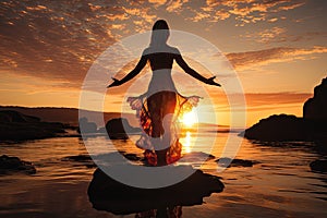 A young woman practicing yoga on the beach at sunset