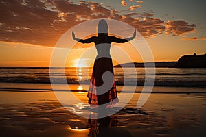 A young woman practicing yoga on the beach at sunset