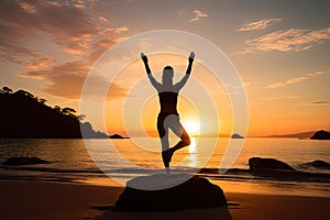 A young woman practicing yoga on the beach at sunset