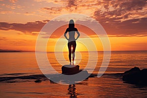 A young woman practicing yoga on the beach at sunset