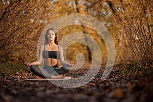 Young woman practicing yoga exercise in autumn park with yellow leaves. Sports and recreation lifestyle