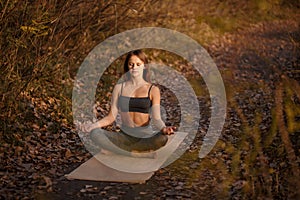 Young woman practicing yoga exercise in autumn park with yellow leaves. Sports and recreation lifestyle