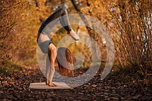 Young woman practicing yoga exercise in autumn park with yellow leaves. Sports and recreation lifestyle