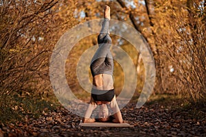 Young woman practicing yoga exercise at autumn park with yellow leaves. Sports and recreation lifestyle