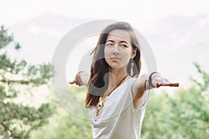 Young woman practicing yoga lesson.