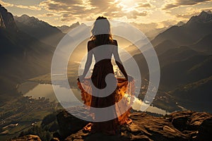 A young woman practicing yoga on a mountaintop with a magnificent view