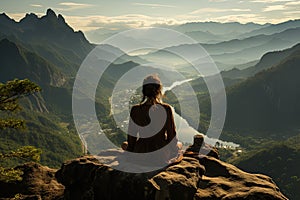 A young woman practicing yoga on a mountaintop with a magnificent view