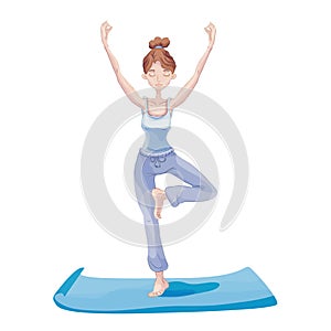 Young woman practicing yoga, standing on one leg. Vrikshasana exercise, Tree pose.