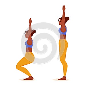 Young woman practicing Yoga. Standing Pose. Girl fitness, aerobic and exercises. Vector cartoon Illustration. Chair Pose