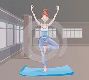 Young woman practicing yoga in studio, standing on one leg. Vrikshasana exercise, Tree pose. Vector illustration