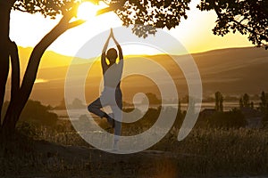 Young woman is practicing yoga in Tree Pose (Vrikshasana) pose at mountain