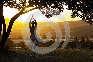 Young woman is practicing yoga in Tree Pose (Vrikshasana) pose at mountain