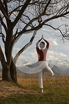 Young woman is practicing yoga in Tree Pose (Vrikshasana) pose at mountain