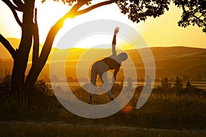 Young woman is practicing yoga in Tree Pose (Vrikshasana) pose at mountain