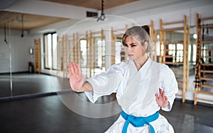 A young woman practising karate indoors in gym.