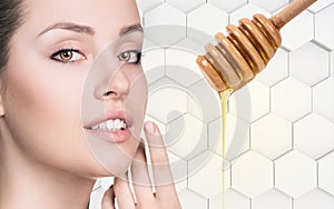 Young woman prepare for honey facial mask.