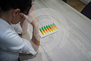 young woman preparing medication at home at the table exhausted, tired