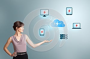 Young woman presenting cloud computing network