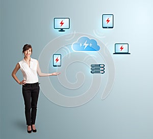 Young woman presenting cloud computing network