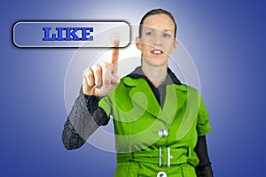 Young woman pressing Like button