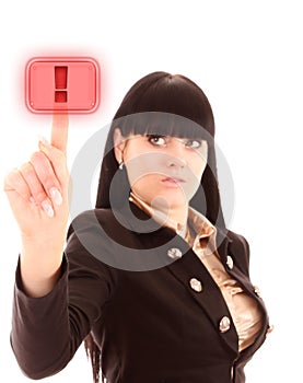 Young woman pressing on the red warning button