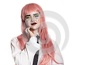 Young woman with professional comic pop art make-up. Funny cartoon or comic strip make-up. free space for your text