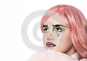 Young woman with professional comic pop art make-up. Funny cartoon or comic strip make-up. free space for your text