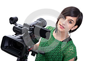 Young woman with professional video camera, on white