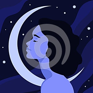 Young woman profile with closed eyes on crescent background. Portrait or avatar of a young female side view. Calm and peaceful
