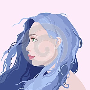 Young woman profile portrait. Illustration of social avatar, girl with blue hair