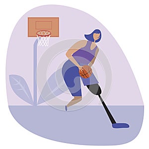 A young woman with a prosthetic leg plays baseball, flat stock vector illustration with a girl player as a concept of activity and